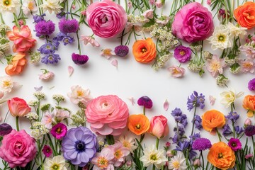 Wall Mural - A diverse assortment of vibrant flowers lying neatly on a table. Colorful floral card template background. 