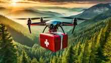 Closeup Of A Drone With A Red First Aid Kit Flying Over A Mountain Landscape With Green Forest, Small Lake And Valley At Sunset Or Sunrise. Mountain Rescue Concept. Generative Ai.
