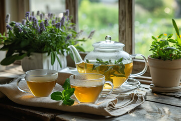 Wall Mural - Family tradition of Sunday afternoon herbal tea - fostering bonds and relaxation - as the family comes together to enjoy the warmth and comfort of the brew.