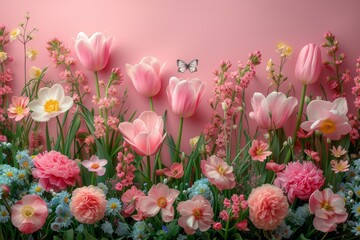 Sticker - Spring Awakening: Pink Tulips and Mixed Flowers with Butterfly Accent. Floral colorful spring Easter frame board with copy space.