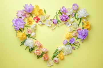 Poster - A heart-shaped arrangement of flowers displayed against a vibrant yellow background. Colorful floral card template background. 