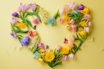 Wall Mural - A heart-shaped arrangement of flowers displayed on a vibrant yellow background.