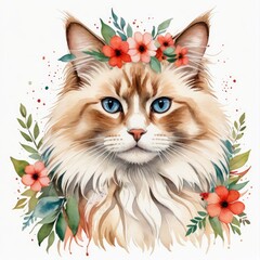  Watercolor red point ragdoll cat with floral wreath on head