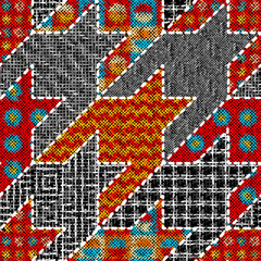 Leinwandbilder - Imitation of indian patchwork pattern with texture canvas Hounds-tooth pattern. Vector seamless illustration
