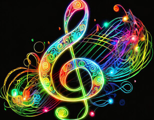 Wall Mural - glowing music G clef with colorful colors on black background