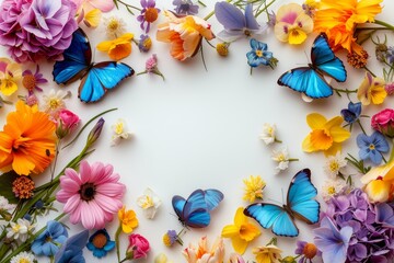 Poster - A collection of colorful flowers and butterflies buzzing around on a clean white background.