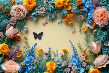 Poster - Beautiful flowers and a butterfly against a vibrant yellow backdrop.