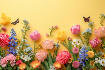 Wall Mural - A vibrant bunch of flowers is displayed next to a yellow wall.