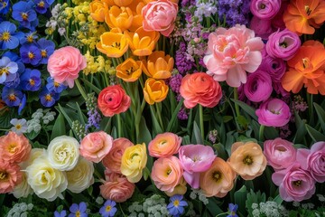 Poster - Easter flowers wallpaper. Colorful mix with hyacinths, Pansies violets,  tulips, daffodils, peonies, ranunculus  blooms