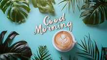 Good Morning Text Word Minimalist Mockup Background Wallpaper, Colorful Happy Breakfast Concept 
