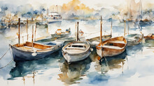 Boats At The Harbor, Light Watercolor, White Background.