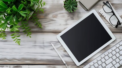 Poster - Generative AI : mockup tablet similar to ipad style on wood desk white display.keyboard