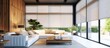 Large automatic double solar blackout roller blinds and electric sunscreen curtains enhance the modern interior with wood decor panels on walls.
