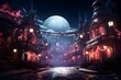 futuristic city at night with full moon and neon lights 3d illustration