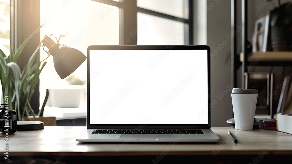 Generative AI : laptop computer white blank screen on work table front ...