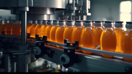 Wall Mural - Production of natural juices in bottles on the factory juice conveyor