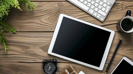 Poster - Generative AI : mockup tablet similar to ipad style on wood desk white display.keyboard