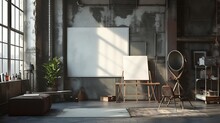 Generative AI : Mock Up Posters Frames And Canvas In Vintage Hipster Loft Interior Background, 3D Render
