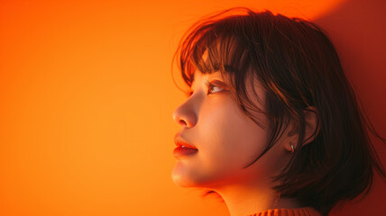 Wall Mural - Portrait of a young woman in orange lighting