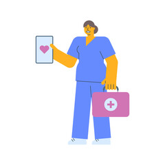 Wall Mural - Nurse holding tablet with picture heart and holding suitcase