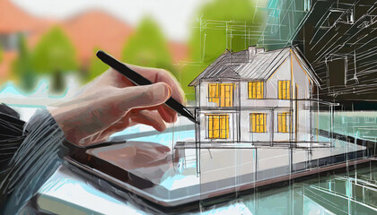 Wall Mural - architecture concept at work of a digital tablet pc with drawing on it, built house in the background.