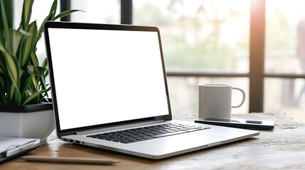 Poster - Generative AI : Workspace with mockup blank screen laptop computer.