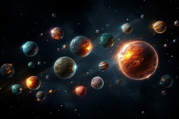 a universe with planets, stars and space satellites.a cluster of planets, black holes in space