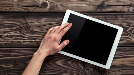 Poster - Generative AI : hand holding tablet similar to ipades style on wood table.top view