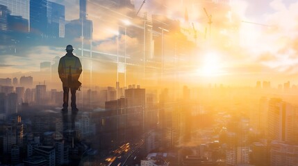 Leinwandbilder - Generative AI : The double exposure image of the engineer standing back during sunrise overlay with cityscape image. 