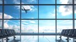 Generative AI : 3D Rendering : illustration of at airport terminal. view from airport looked out. big window glass. airplane flying on blue sky background. 