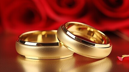 Two red gold wedding rings amidst vibrant roses and soft bokeh close up, banner