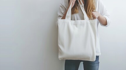 Generative AI : Urban mockup of tote bag. Girl holding white cotton tote bag on a white wall background. Template can be used for you design