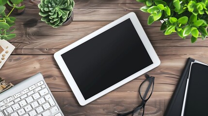 Poster - Generative AI : mockup tablet similar to ipad style on wood desk white display.keyboard