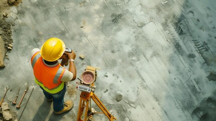 Generative AI : Surveyor builder Engineer with theodolite transit equipment at construction site outdoors during surveying work