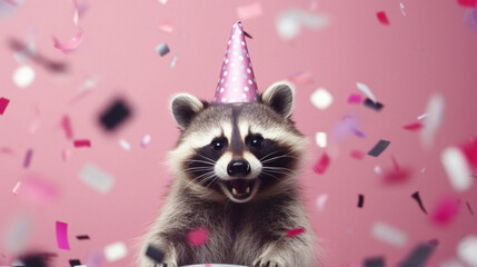 Funny raccoon with birthday hat and confetti on pink background