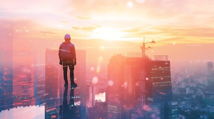 Leinwandbilder - Generative AI : The double exposure image of the engineer standing back during sunrise overlay with cityscape image. 