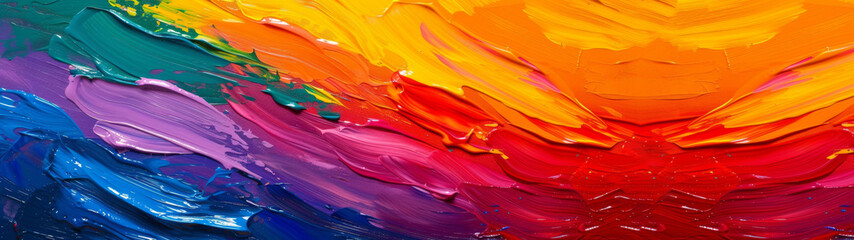 Poster - Closeup of abstract rough colorful multicolored rainbow colors art painting texture background banner long panorama, with oil acrylic brushstroke, pallet knife paint on canvas wallpaper