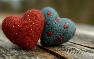 Wall Mural - Valentine's day greeting card. Handmade hearts on wooden table. Top view with copy space.