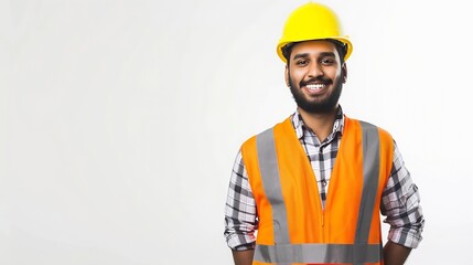 Aufkleber - Generative AI : Construction worker, engineer and studio portrait of happy man in vest and helmet for safety on white background. 