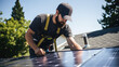 © Art AI Gallery - Roofing technician installing solar panels on the roof of a house