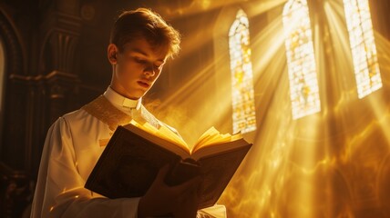 Wall Mural - boy in church reading a Bible or prayer book. He is standing in a beam of light coming through a stained glass window, suggestive of a sacred moment.