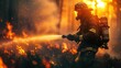firefighter in full gear using a hose to extinguish the fire. The center of attention is the firefighter against a backdrop of flames and smoke, while water sprays from the hose to fight the fire.