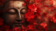 A Captivating Buddha Statue Emerges Among A Vibrant Tapestry Of Red Flowers, Exuding An Aura Of Profound Peace And Beauty.