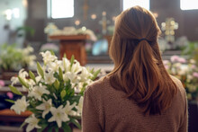 Close Up Of Woman With Lily Flowers And A Coffin Standing At A Funeral In A Modern Church.