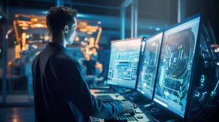 Wall Mural - skilled engineer operating a fully automated machine with programmable logic controller (plc) using 