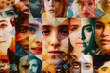 diverse eyes and faces, expressing various emotions and identities. The image has an artistic blur effect and a colorful collage style, capturing human connection and diversity in a single frame.