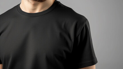 Sticker - Shirt design and people concept - closeup of young man in blank black tshirt front and rear isolated. Mock up template for design print.