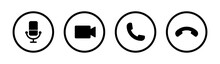 Video Call Icon Set For Smartphone Interface With Microphone, Recorder, Pick, End Call And Receive Call Symbol In Stroke Circle