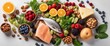 © Adi - A set of healthy food. Fish, nuts, protein, berries, vegetables and fruits. On a white background