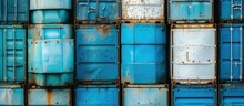 Stacked Up Blue And White Containers Containing Oil Or Chemicals.